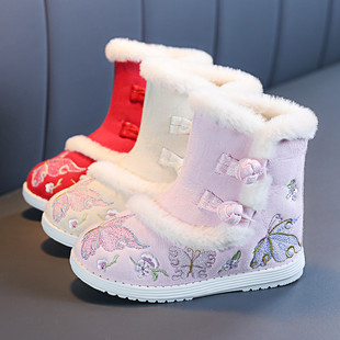 儿童汉服鞋女童冬季古装棉鞋中国风绣花鞋民族风雪地靴加绒拜年鞋
