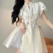 新中式白色旗袍连衣裙2024夏季设计感气质蕾丝，拼接裙撑蓬蓬公主裙