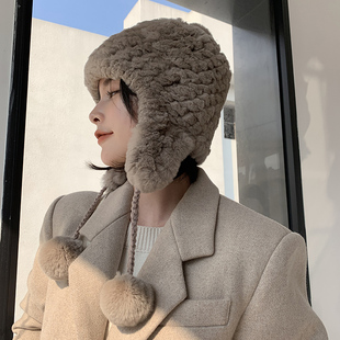韩国獭兔帽子冬季保暖皮，草帽子女皮草，护耳帽真毛獭兔毛帽子球球帽