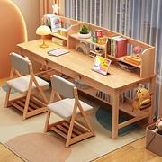 实木家用双人位书桌书架组合x儿童学习桌卧室学生写字桌简约电脑