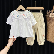 童装女童套装夏装洋气，宝宝棉麻白色娃娃，领衬衫束脚裤防蚊裤两件套