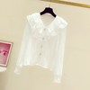 韩国蕾丝荷叶边v领雪纺，小衫女春秋气质，长袖衬衫白色甜美法式衬衣
