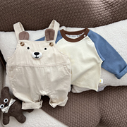 婴儿背带哈衣+长袖t恤套装可爱小熊，宝宝背心连体衣超萌新生儿衣服