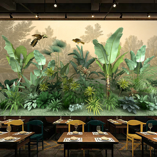 热带雨林主题壁纸3d立体芭蕉叶，墙纸植物森林，客厅沙发电视背景壁画