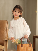女童长袖衬衫秋季韩版女孩可爱泡泡袖白色上衣淑女打底衫雪纺衫