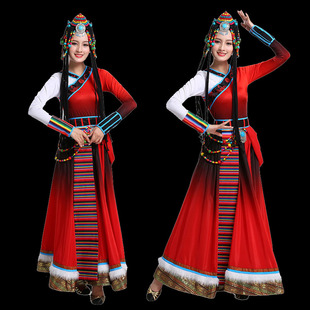藏族服装红色舞蹈演出服女少数民族草原舞蹈服卓玛水袖大摆裙