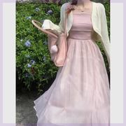 温柔风粉紫色吊带连衣裙女套装，夏季防晒长袖开衫压褶收腰显瘦长裙