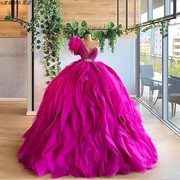 高端定制玫红色时尚甜美优雅公主蓬蓬裙生日派对成人礼艺考礼服