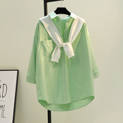 豆沙绿披肩两件套中长款衬衫女2023春季糖果色文艺衬衣上衣潮