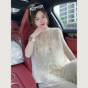 新中式国风女装禅意唐装上衣，2024米白色背心，马甲两件套装夏装