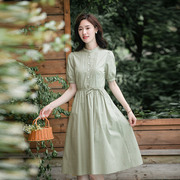 纻衣轻中式立领条纹连衣裙2024夏季女设计感修身文艺气质长裙