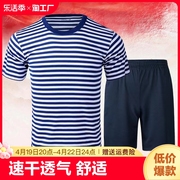 海魂衫体能训练服套装男女夏季速干短袖蓝白条纹训练t恤圆领