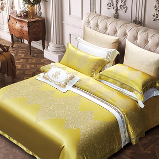 欧式奢华宫廷风床上用品四件套贡缎，提花被套金色，豪华别墅床品套件