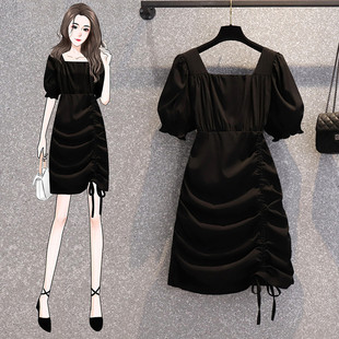 2024年夏季大码女装抽绳胖MM设计感小众时尚显瘦小黑裙连衣裙