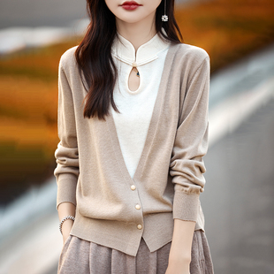 复古中国风假两件羊绒开衫女旗袍，领盘扣套头，毛衣宽松羊毛针织外套