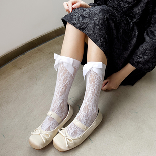 洛丽塔黑色蕾丝袜子jk夏季薄款镂空中筒白色丝绒蝴蝶结堆堆袜甜美