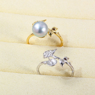 DIY珍珠配件 S925纯银开口玫瑰花珍珠戒指空托配饰时尚潮流指环女