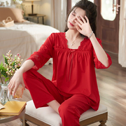 红色睡衣女本命年结婚春秋季纯棉七分袖，长裤丝光棉家居服套装