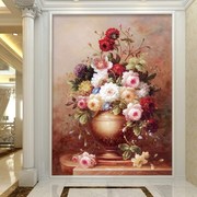 欧式油画花卉花瓶玄关背景墙纸，5d壁纸走廊过道，8d艺术定制壁纸壁画