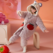 儿童睡衣冬季女童三层夹棉加绒加厚保暖小女孩卡通连帽家居服套装