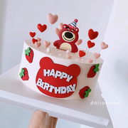 草莓熊仿翻糖牌happybirthday生日快乐蛋糕，装饰插件海绵纸eva成品