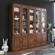 实木橡木书柜带玻璃门三门简约中式书架，储物现代书橱办公室文件柜