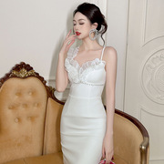 白色礼服裙2024夏装名媛设计感木耳边领口收腰包臀连衣裙9671