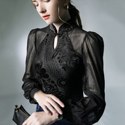 中国风蕾丝打底衫女内搭秋季黑色设计感灯笼，袖网纱高级感上衣