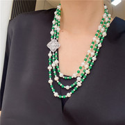 天然淡水珍珠绿玛瑙多层项链女欧美短款锁骨链小众设计复古颈链