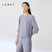 真丝LANCY/朗姿夏季圆领衬衫七分袖紫女休闲上衣简约套头衬衣
