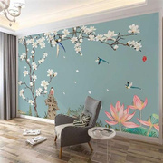 新中式山水花鸟壁纸2023电视背景墙纸沙发床头壁画客厅影视墙壁布