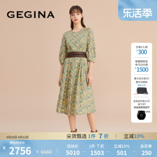 100%棉GEGINA吉吉娜碎花连衣裙女中长款纯棉印花褶皱长裙