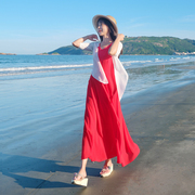 红色雪纺两件套中袖连衣裙，2023浪漫减龄旅游海边度假沙滩长裙