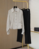 小众设计感 气质干练 黑白条纹03双绉真丝灯笼袖收腰短款宽松衬衫