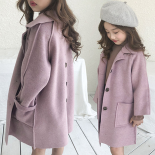 韩国女童秋冬装儿童，中长款双面呢洋气大衣女孩中大童，宽松毛呢外套