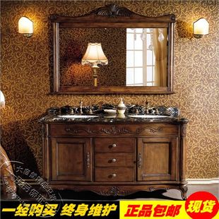 美式浴室柜橡木欧式洗漱台落地卫，浴柜仿古卫生间实木洗手盆柜组合