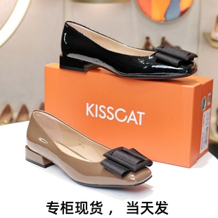 KISSCAT接吻猫2024新新牛皮方头粗跟蝴蝶结女单鞋KA43521-10
