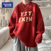 WASSUP酒红色圆领毛衣男士秋冬季美式潮牌慵懒套头加厚针织打底衫