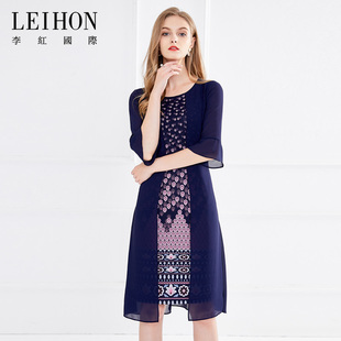 LEIHON/李红国际夏季假两件印花雪纺裙七分荷叶袖H版中长款连衣裙