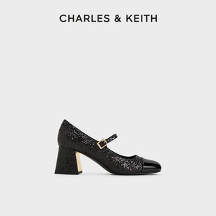 charles&keith春夏，女鞋ck1-60361486时尚拼接亮片，粗跟玛丽珍单鞋
