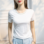 2024夏季丝光棉T恤女设计感短袖钉珠纯色春款女人味上衣半袖