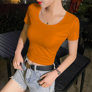 橙色圆领t恤女短袖高腰小个子，露脐上衣ins潮2023紧身漏肚脐装