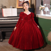 女童红色高端晚礼服秋冬季加绒钢琴演奏儿童，公主裙小主持人演出服