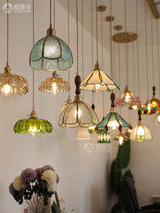 复古法式黄铜纯手工焊锡灯美式风格床头餐厅过道彩色玻璃小吊灯