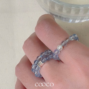 天然海蓝宝戒指高品质冰透原创设计珍珠s925银碎银水晶串珠戒指