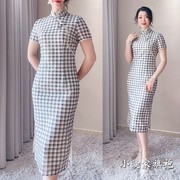夏季黑白格子旗袍连衣裙修身民国风日常复古改良中国风小个子高端