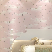浅粉色3d儿童房，墙纸卧室主题卡通房，直播背景蓝天白云小星星壁纸