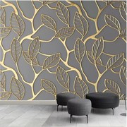 北欧简约典雅金色立体墙纸叶子，浮雕树叶壁纸，客厅电视背景个性墙布