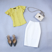 24女大码夏季淡黄色荷叶袖小衫，+墨绿包臀铅笔半身裙套装
