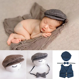 新生儿摄影鸭舌帽造型，道具宝宝拍照小男孩，绅士帽子领结满月礼帽